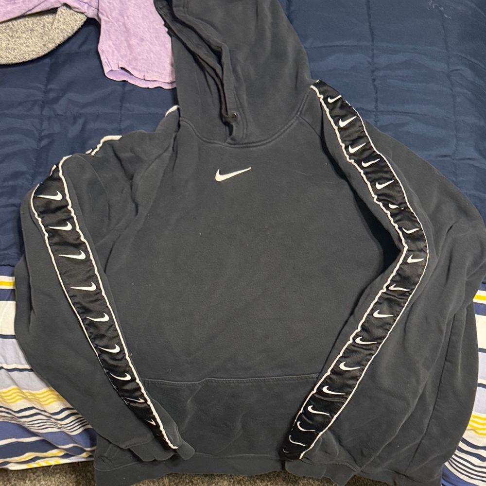 Nike Center Logo Vintage Black Hoodie with White Accents